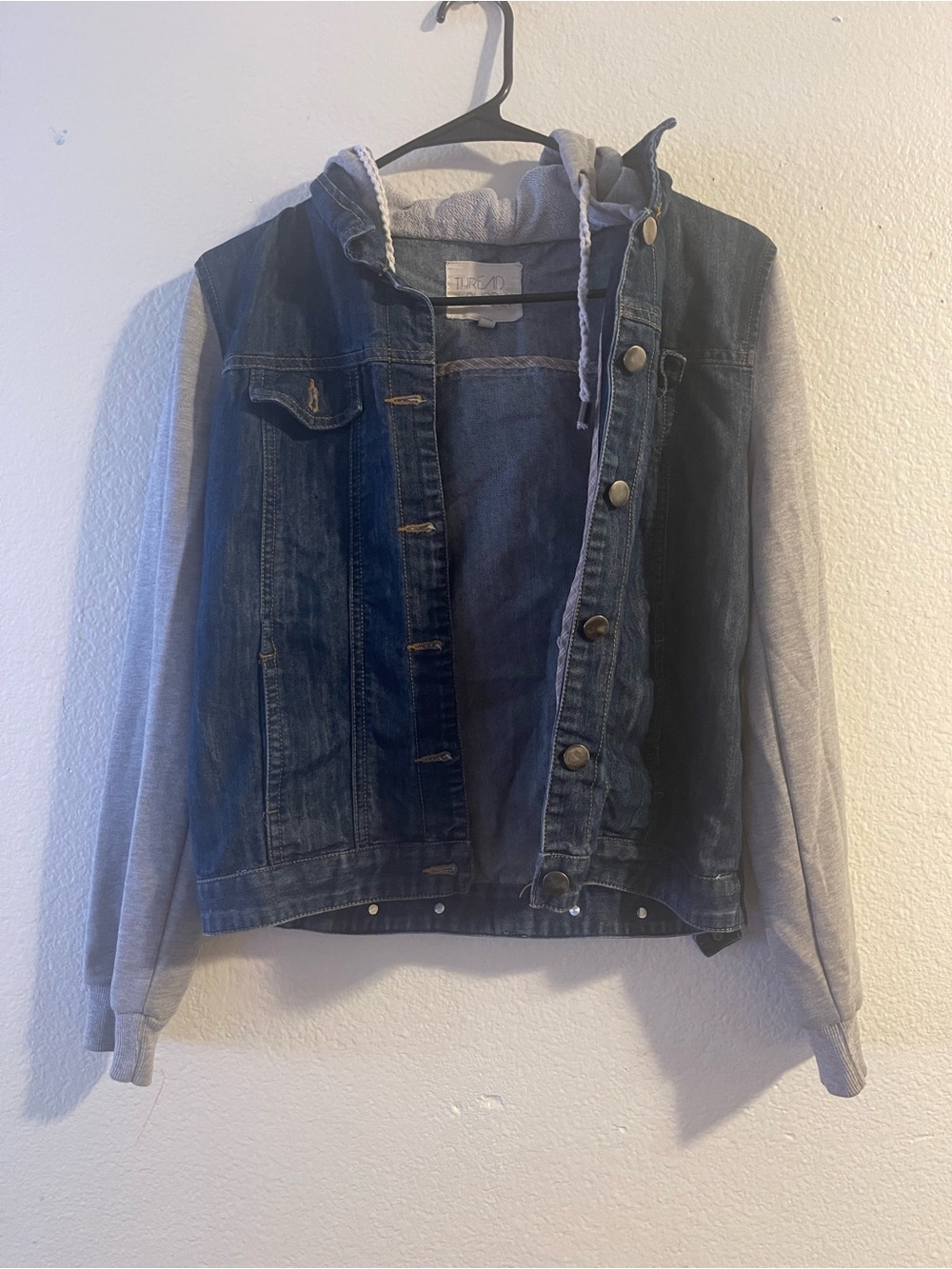 Thread & Supply Light Blue Denim Jacket with Gray Knit Hood